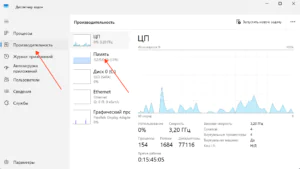 Вкладка памяти в диспетчере задач Windows 11 с числом занятых слотов